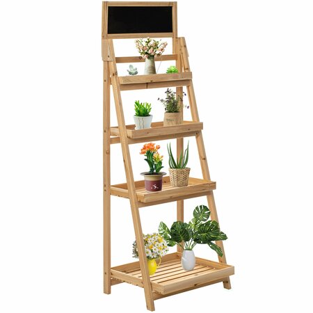 VINTIQUEWISE Decorative Wooden 4-Tier Chalkboard Ladder Shelf, Slim Narrow Ladder Shelves Bookcase, Natural QI004598